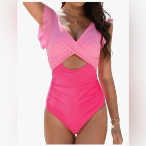 Pink Ruffle Sleeve Cutout Swimsuits Bathing Suits,Size Large Buauty Tummy Contro